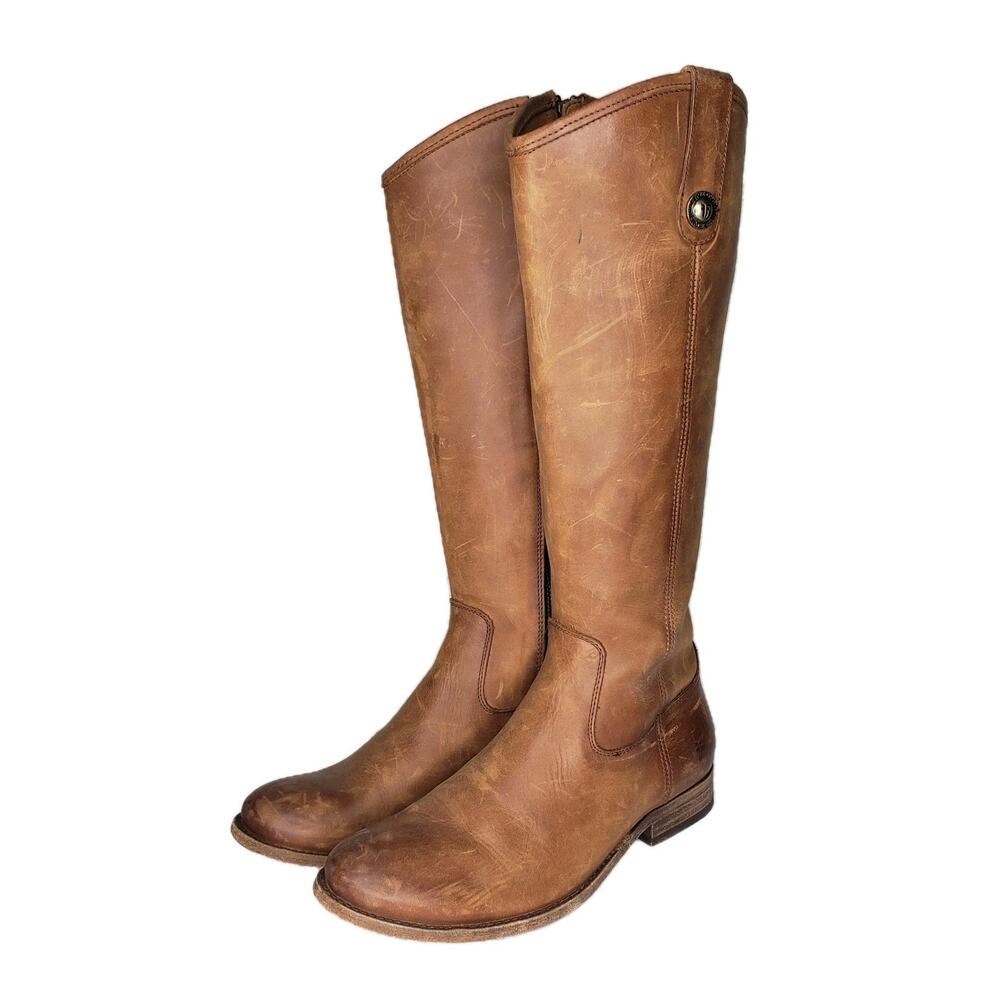 Frye Melissa Size 7B Button Inside Zip Tall Leather Boots Cognac Distressed
